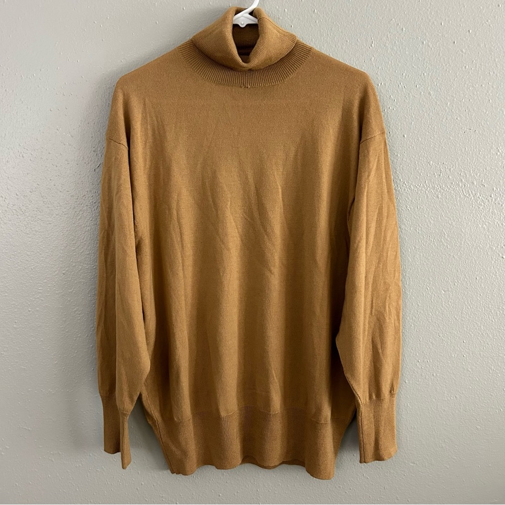 Vintage DKNY 100% Wool Turtleneck Sweater Size L Camel Tan Neutral Quiet Luxury